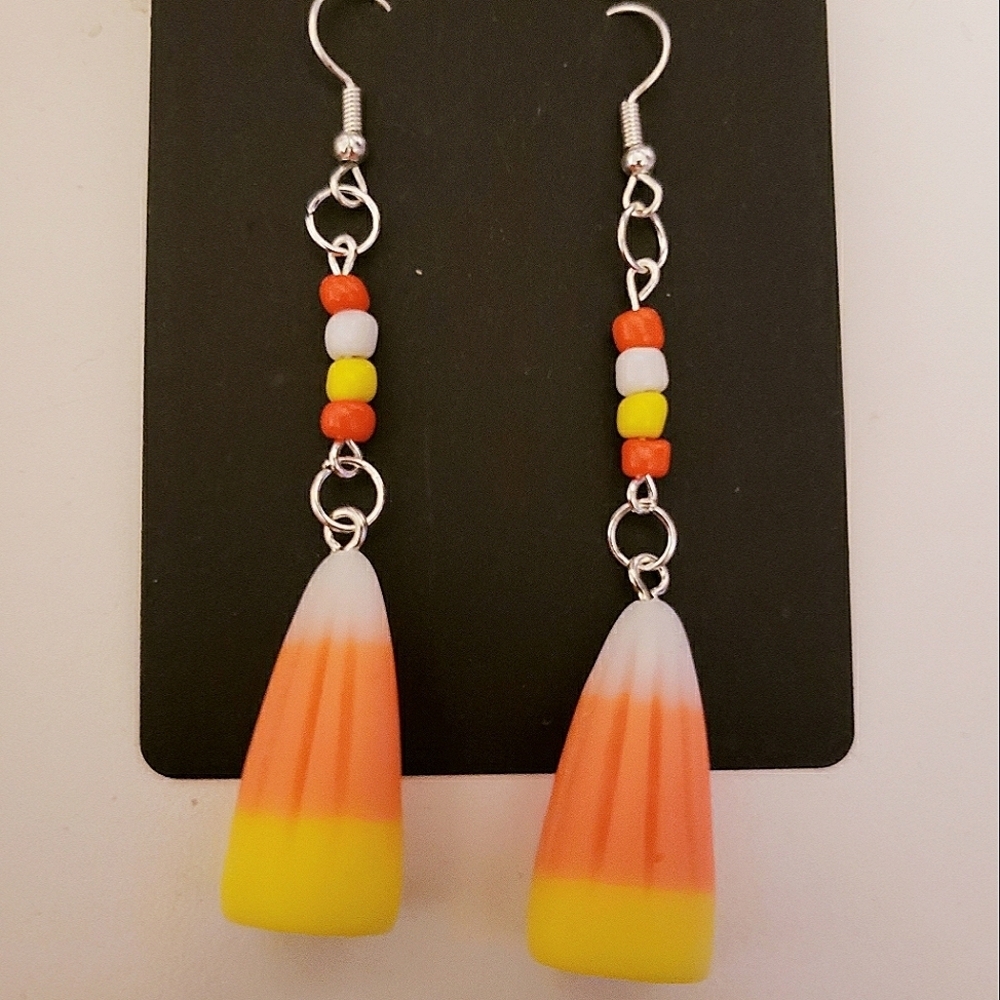 Handmade Beaded White Orange Yellow Candycorn Dangle earrings